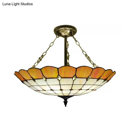 Antique Copper Tiffany Style Bedroom Ceiling Light - 4-Light Domed Semi Flush Mount With Glass Shade