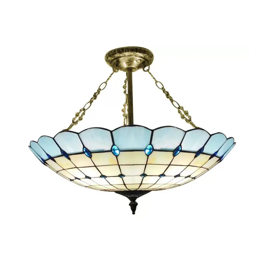 Antique Copper Tiffany Style Bedroom Ceiling Light - 4-Light Domed Semi Flush Mount With Glass