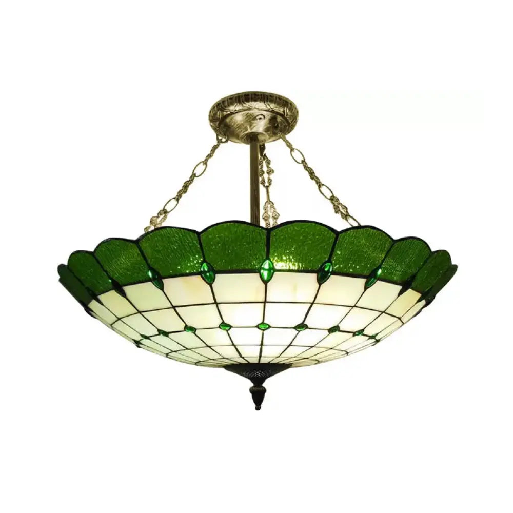Antique Copper Tiffany Style Bedroom Ceiling Light - 4-Light Domed Semi Flush Mount With Glass