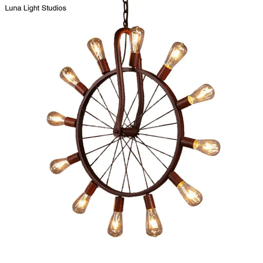 Antique Copper Wheel Ceiling Light - Metal 12 Lights Pendant Fixture With 39’ Adjustable Chain