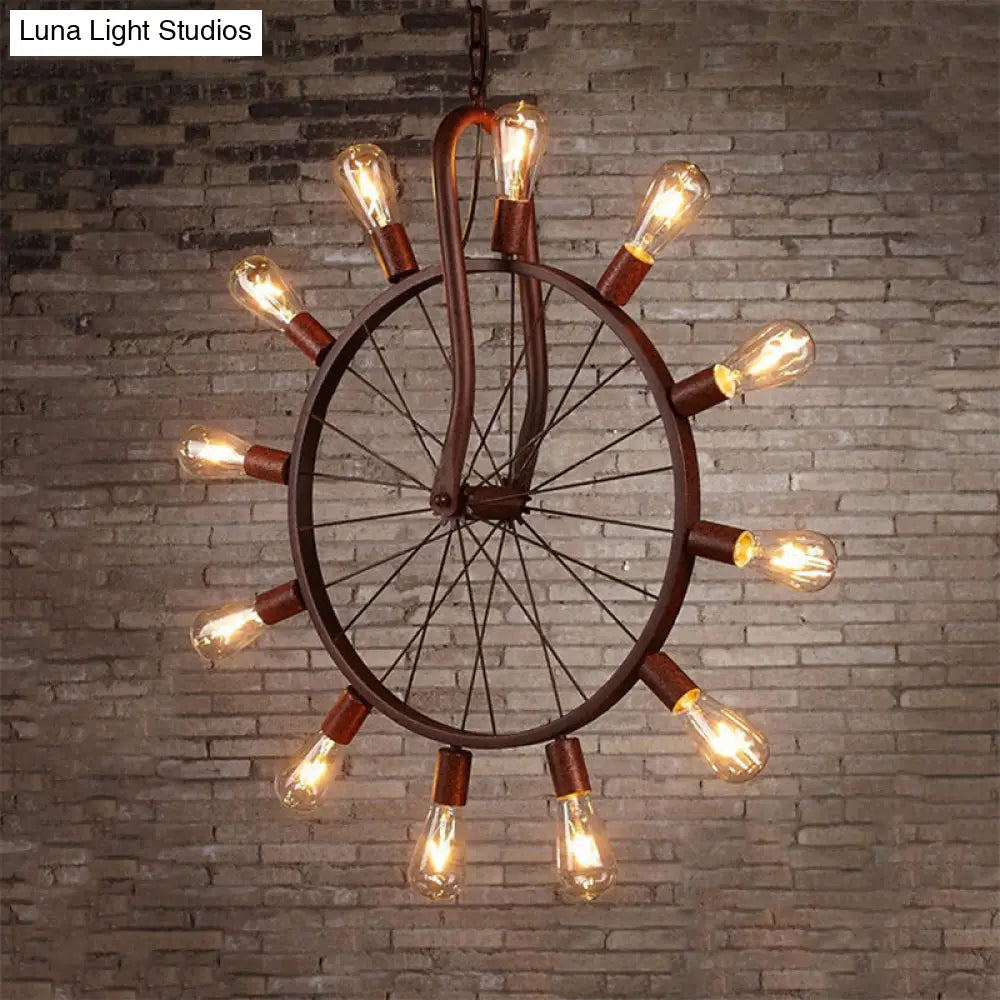 Copper Wheel Ceiling Light With 12 Lights And Adjustable Chain