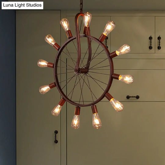 Copper Wheel Ceiling Light With 12 Lights And Adjustable Chain Weathered