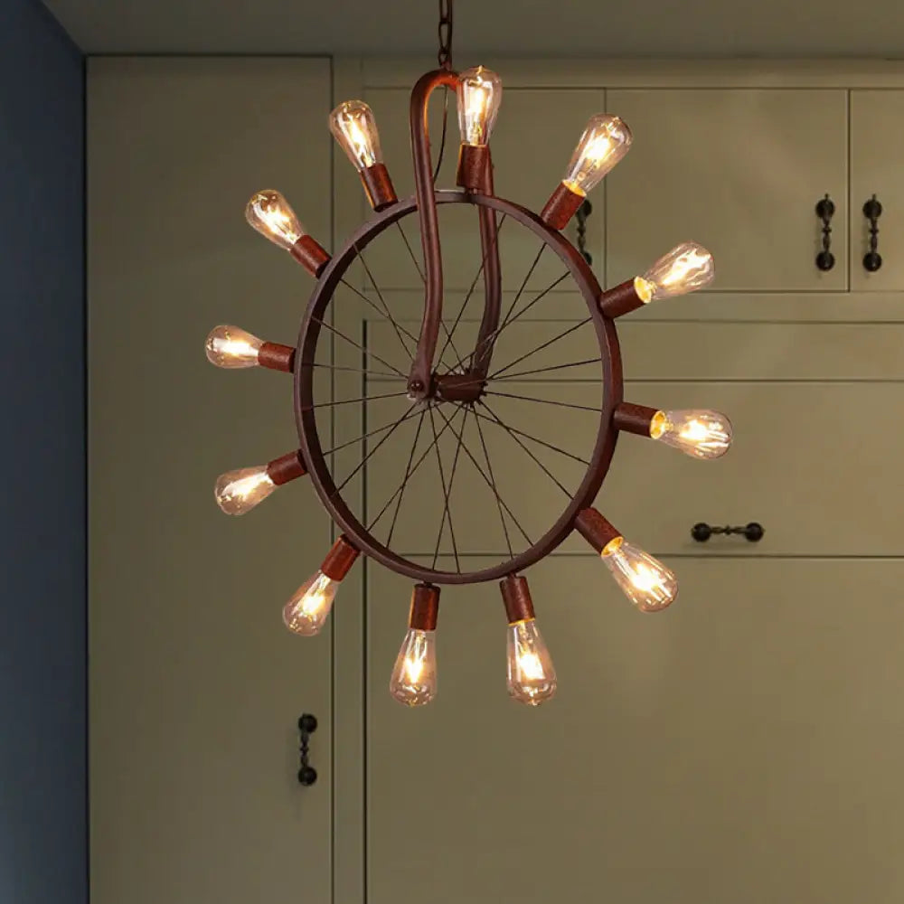 Antique Copper Wheel Ceiling Light - Metal 12 Lights Pendant Fixture With 39’ Adjustable Chain