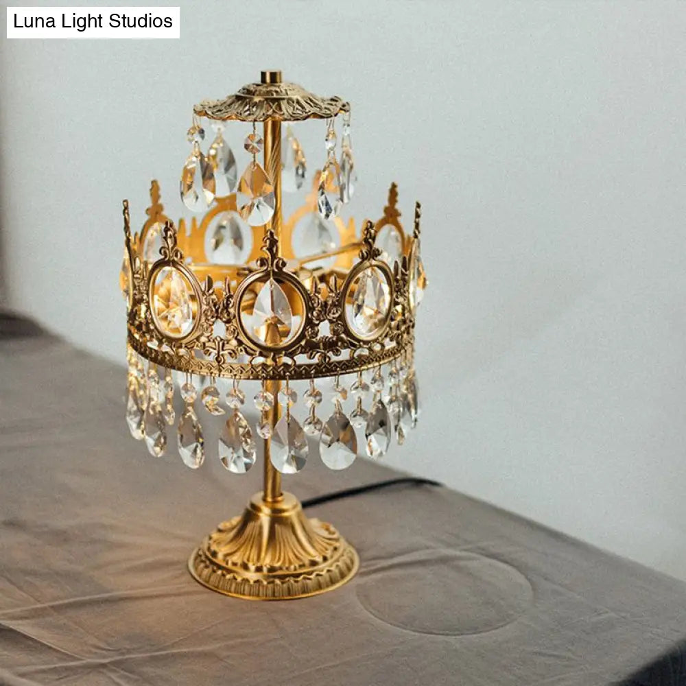 Antique Crown Crystal Nightstand Lamp - Single-Bulb Gold Table Light For The Bedroom