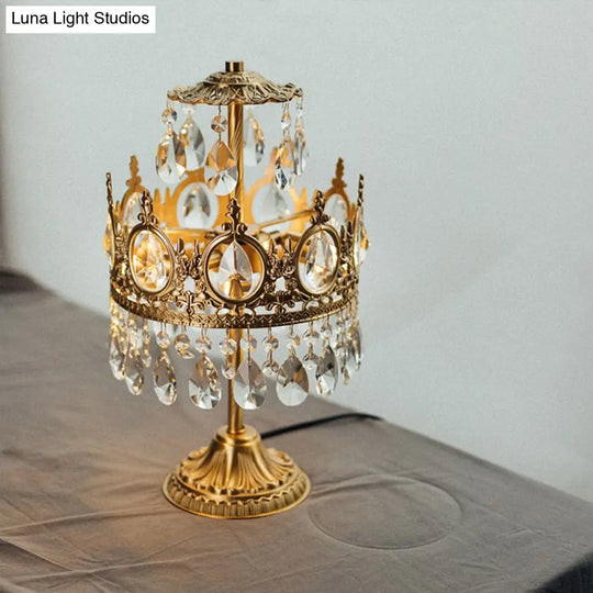 Antique Crown Crystal Nightstand Lamp - Single-Bulb Gold Table Light For The Bedroom