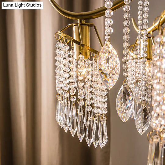 Antique Crystal Tassel Chandelier Lamp With Gold Finish - Elegant Bedroom Hanging Light Fixture