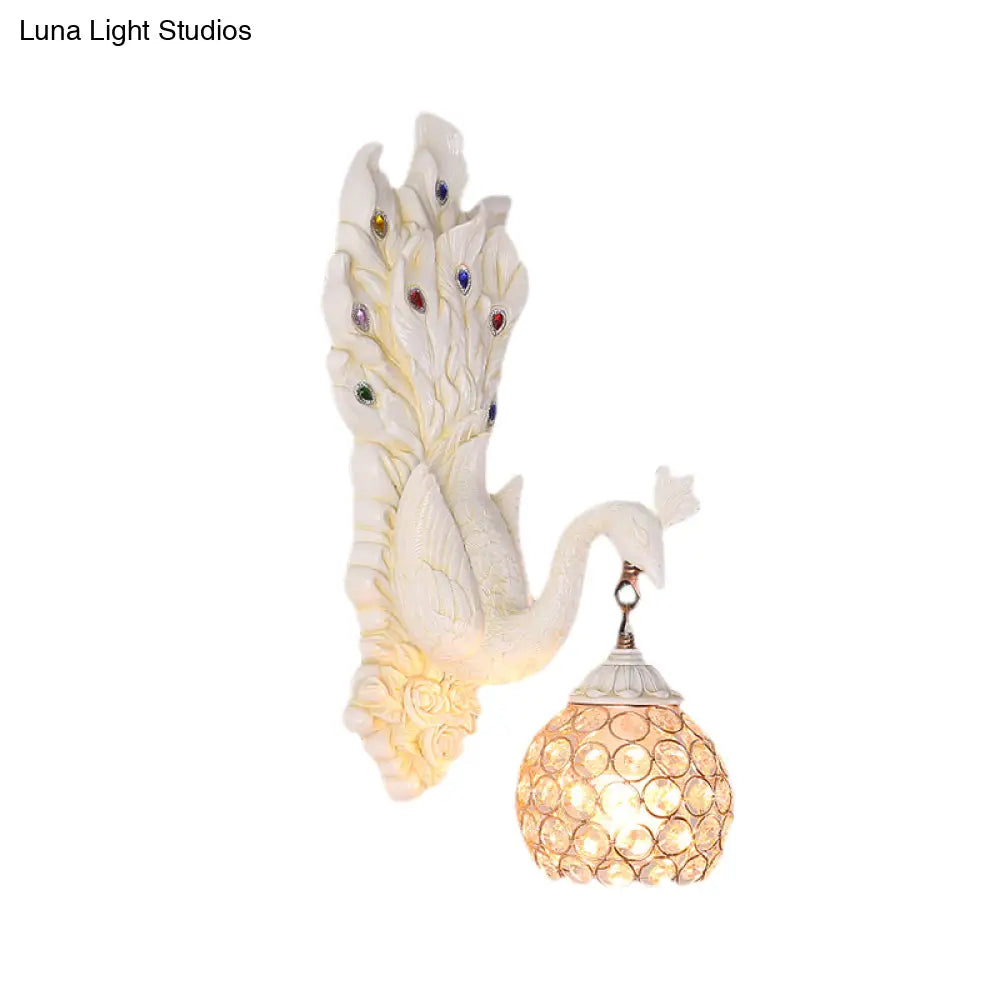 Antique Dome Crystal Wall Light: Bedroom Sconce Lamp With Peacock Backplate (Blue/Gold/White)