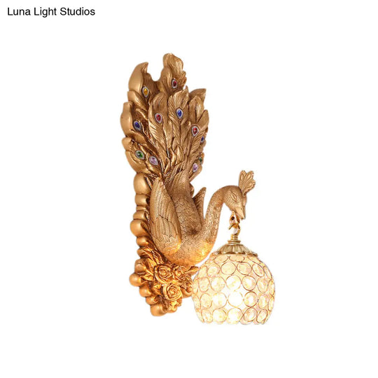 Antique Dome Crystal Wall Light: Bedroom Sconce Lamp With Peacock Backplate (Blue/Gold/White)