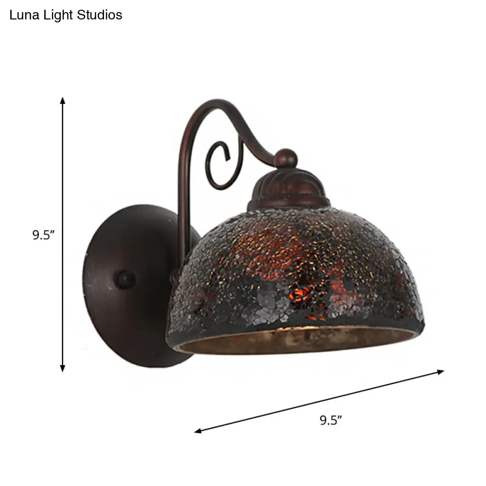 Antique Dome Sconce Lamp - Single Bulb Metal Curvy Arm Wall Lighting In Rust