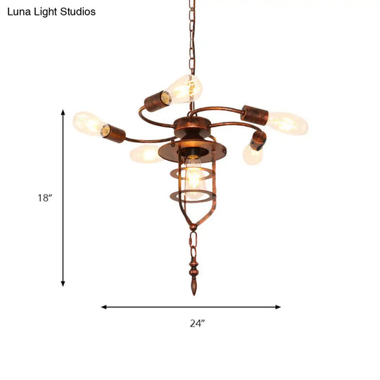 Rustic Antique Exposed Bulb Chandelier Light - 5 Lights Hanging Lamp With Wrought Iron Frame Perfect