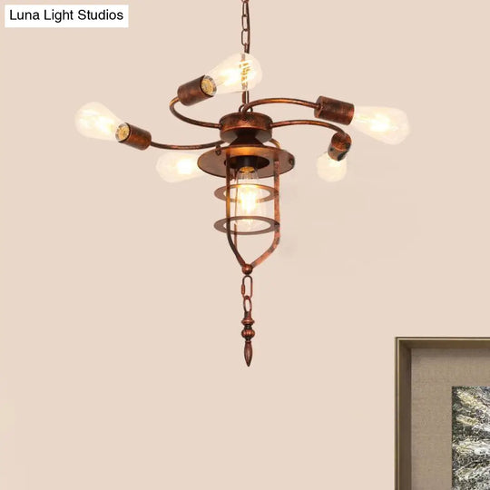 Rustic Antique Exposed Bulb Chandelier Light - 5 Lights Hanging Lamp With Wrought Iron Frame Perfect