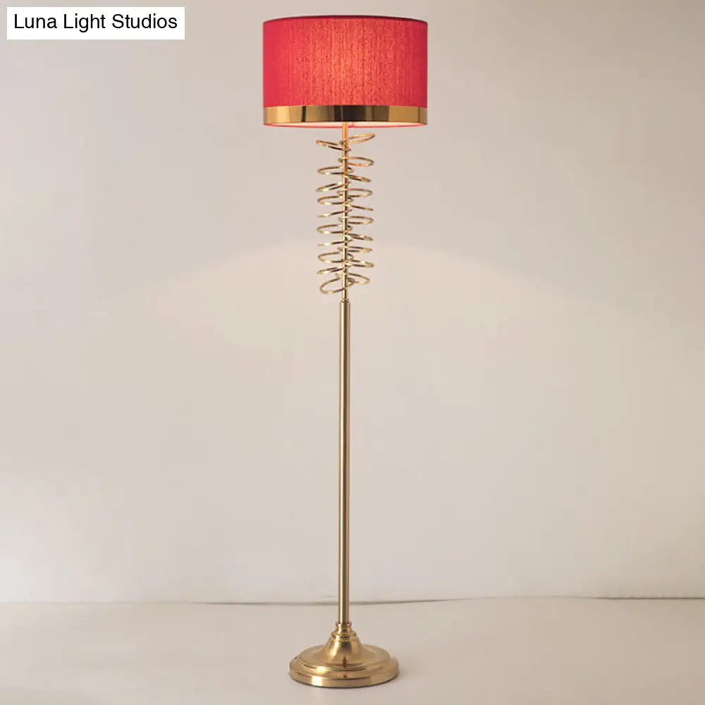 Antique Floor Lamp With White/Red Fabric Drum Shade Single Head And Rings Deco - Ideal For Parlor