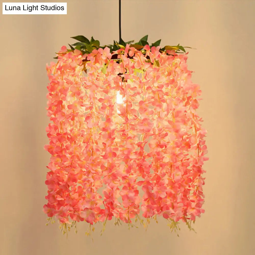 Vintage Pink Floral Metal Pendant Led Ceiling Light For Restaurants - 1 Head Suspension Design