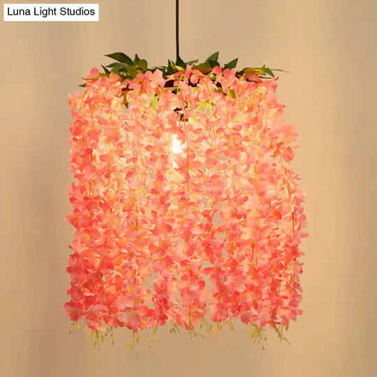 Vintage Pink Floral Metal Pendant Led Ceiling Light For Restaurants - 1 Head Suspension Design