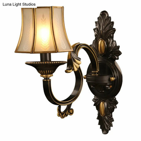 Antique Frost Glass Gold & Black Wall Lamp - Single-Bulb Flared Lighting For Aisle