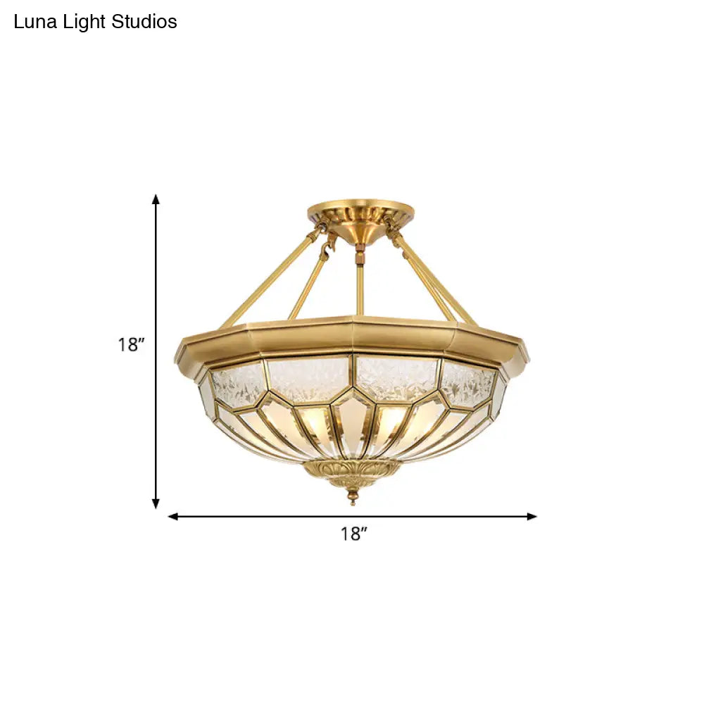 Antique Frosted Glass Bedroom Semi Flush Light - Wide Bowl Gold Finish 4/6 Lights 18/19.5 Mount