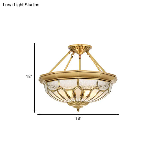 Antique Frosted Glass Bedroom Semi Flush Light - Wide Bowl Gold Finish 4/6 Lights 18’/19.5’