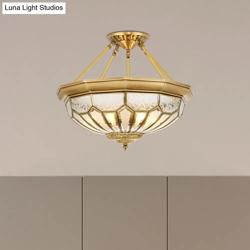 Antique Frosted Glass Bedroom Semi Flush Light - Wide Bowl Gold Finish 4/6 Lights 18/19.5 Mount