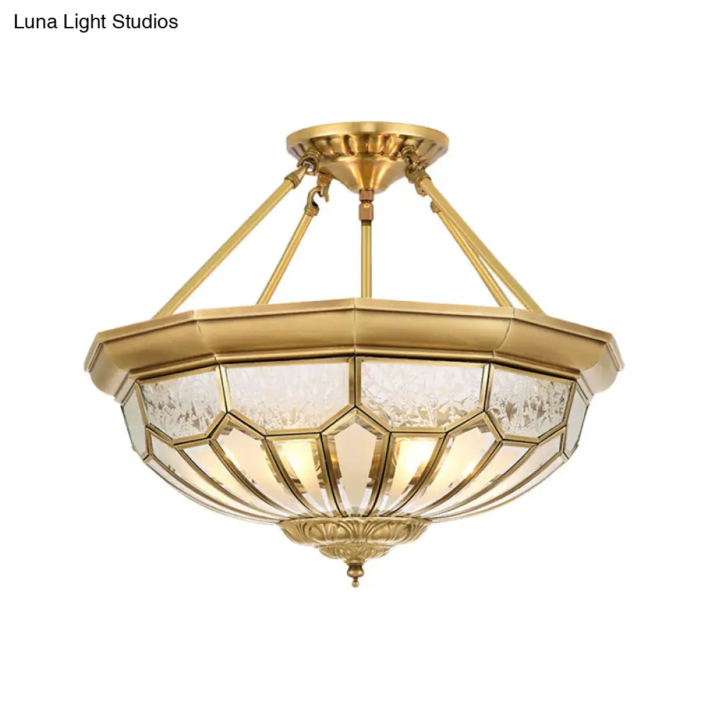 Antique Frosted Glass Bedroom Semi Flush Light - Wide Bowl Gold Finish 4/6 Lights 18/19.5 Mount