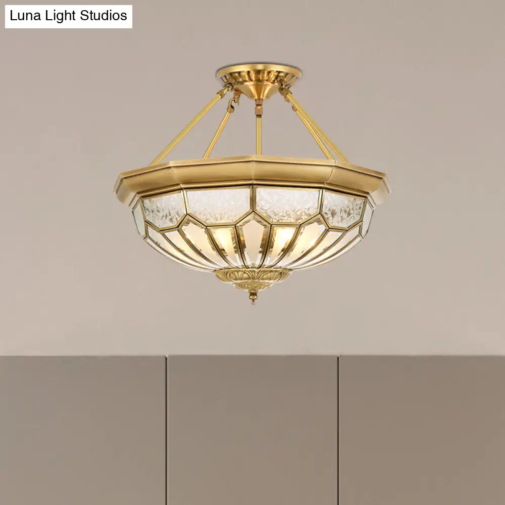 Antique Frosted Glass Bedroom Semi Flush Light - Wide Bowl Gold Finish 4/6 Lights 18’/19.5’