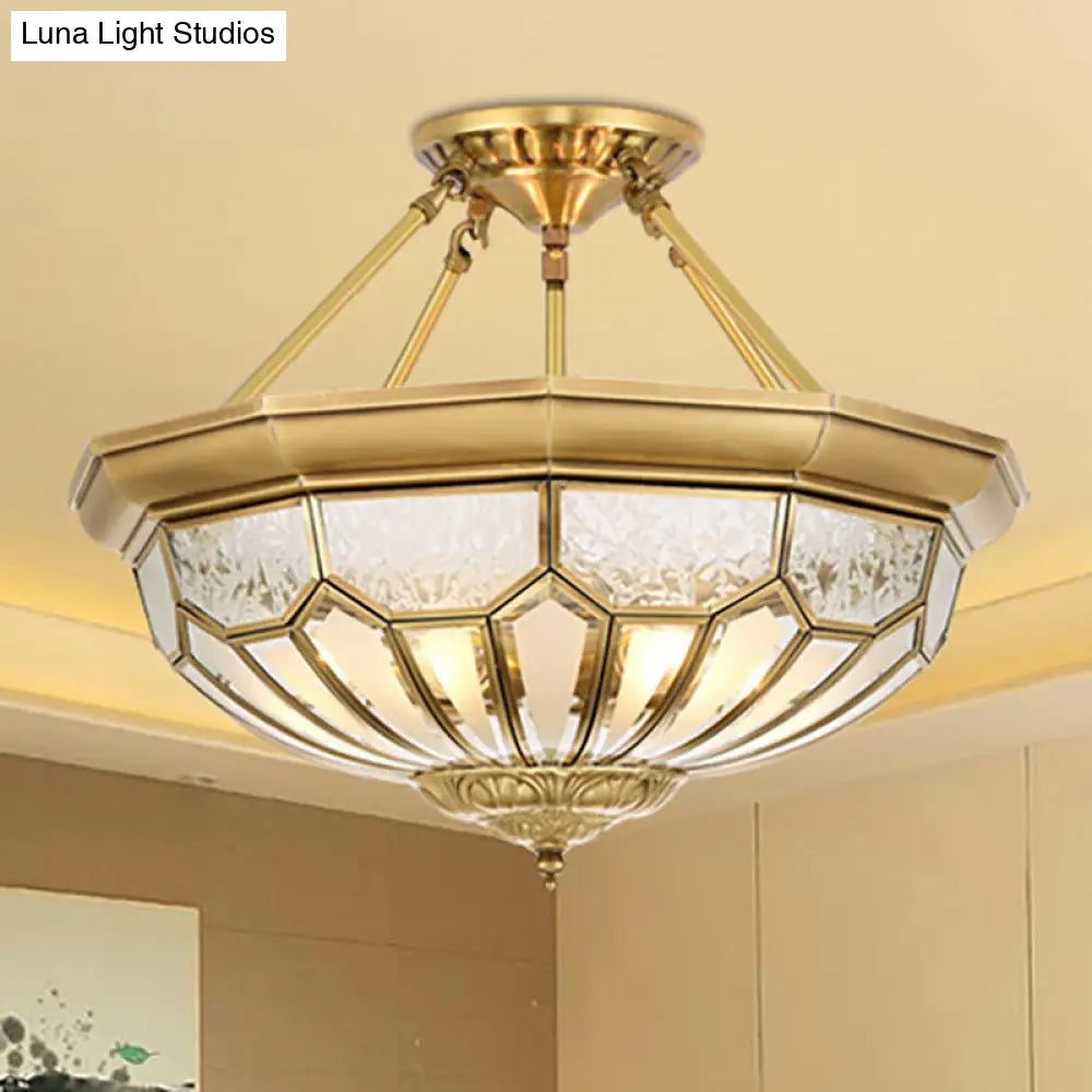 Antique Frosted Glass Bedroom Semi Flush Light - Wide Bowl Gold Finish 4/6 Lights 18/19.5 Mount