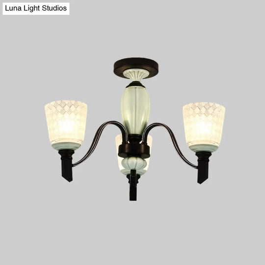 Antique Frosted Glass Conical Dining Room Semi Flush Ceiling Mount Light With 3/6 Bulbs - Black