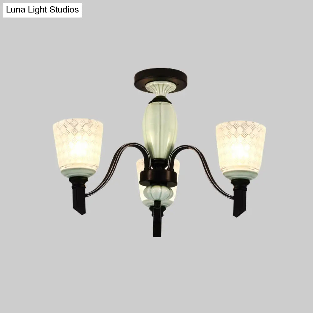 Antique Frosted Glass Conical Dining Room Semi Flush Ceiling Mount Light With 3/6 Bulbs - Black