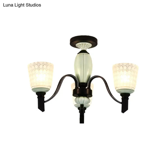 Antique Frosted Glass Conical Dining Room Semi Flush Ceiling Mount Light With 3/6 Bulbs - Black