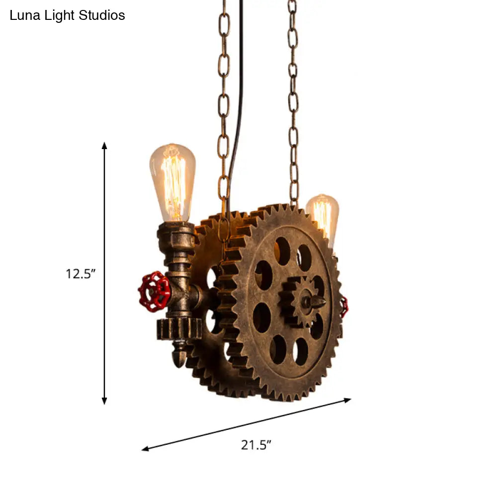 Antique Gear Pendant Light With Exposed Bulb - 2-Light Rustic Island For Dining Room