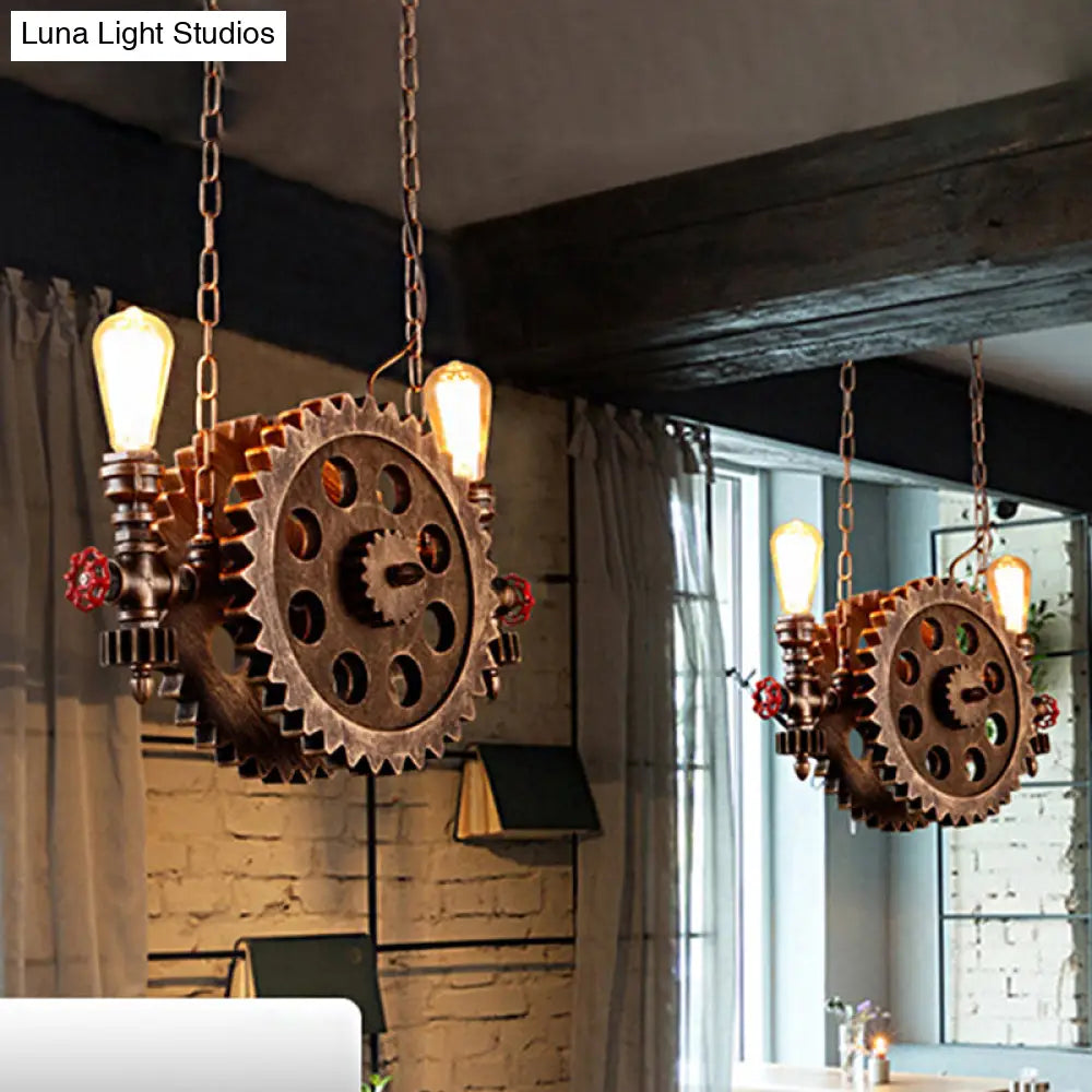 Antique Gear Pendant Light With Exposed Bulb - 2-Light Rustic Island For Dining Room