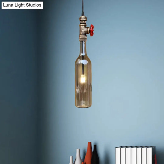 Antique Glass Pendant Light With Bottle Shade And Valve For Water Pipe Restaurant Ceiling Fixture