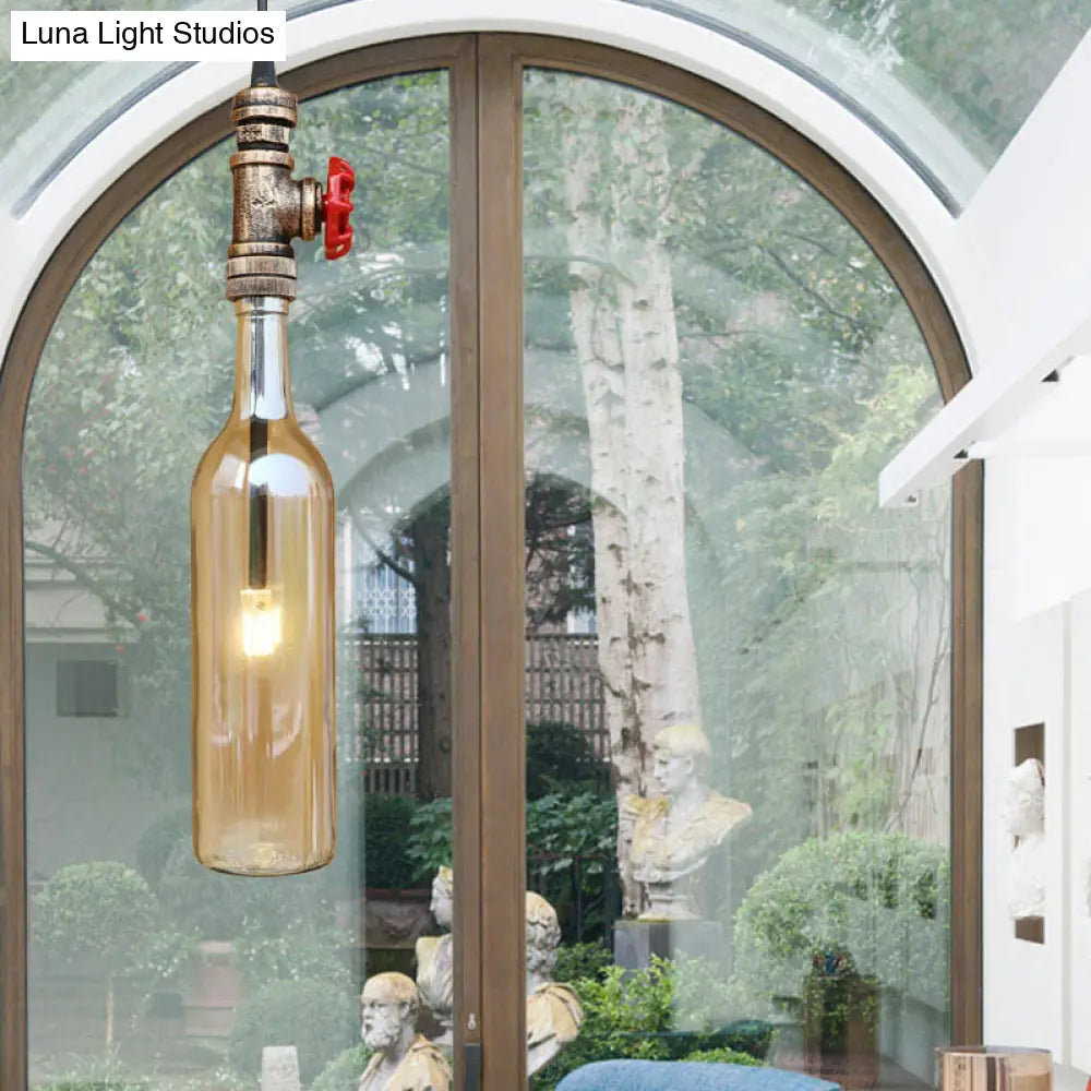 Antique Glass Pendant Light With Bottle Shade And Valve For Water Pipe Restaurant Ceiling Fixture