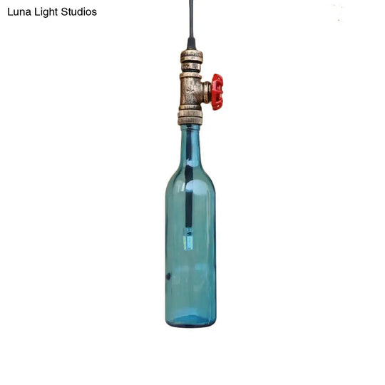 Antique Glass Pendant Light With Bottle Shade And Valve For Water Pipe Restaurant Ceiling Fixture