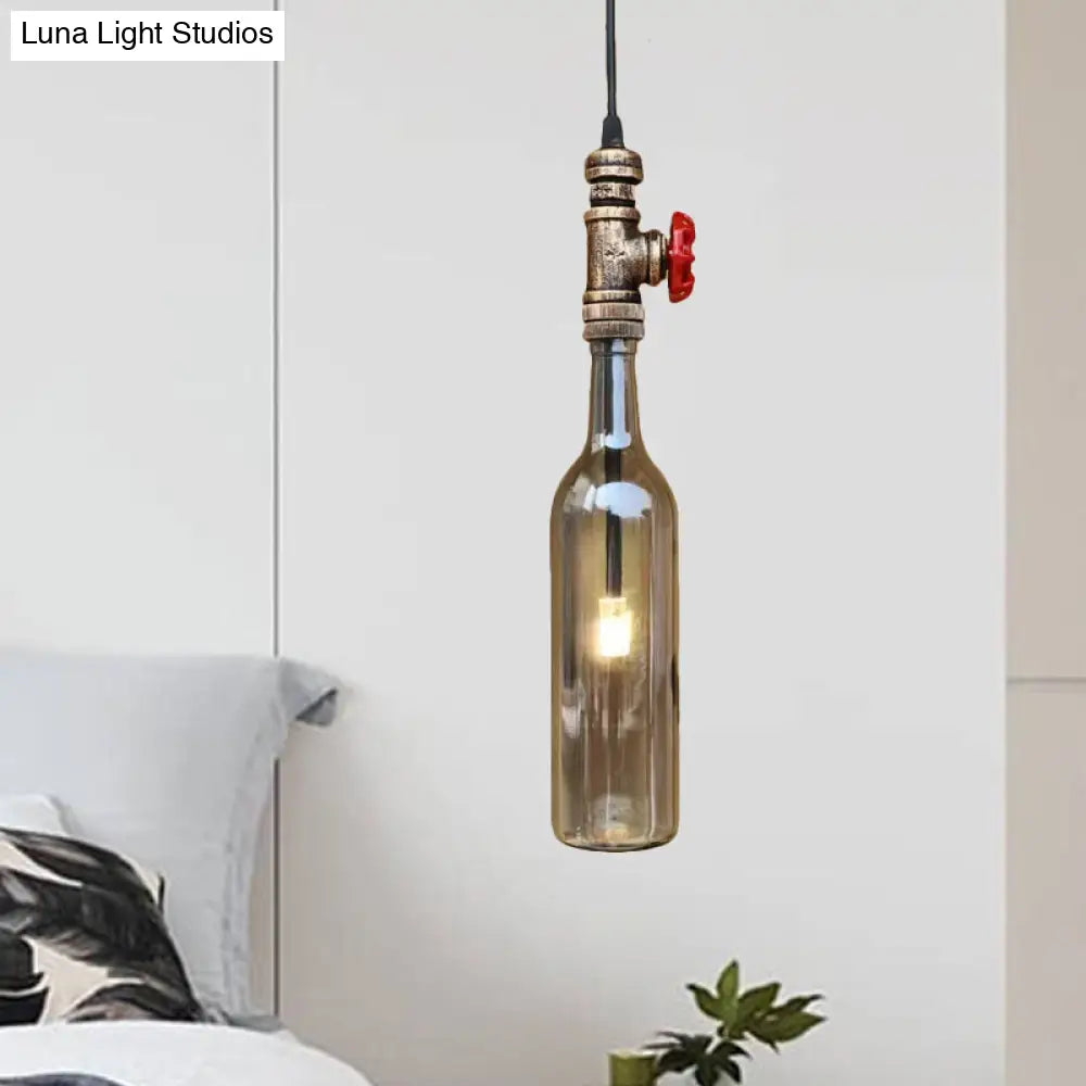 Antique Glass Water Pipe Pendant Light With Bottle Shade And Valve For Restaurant Ceiling Fixture -