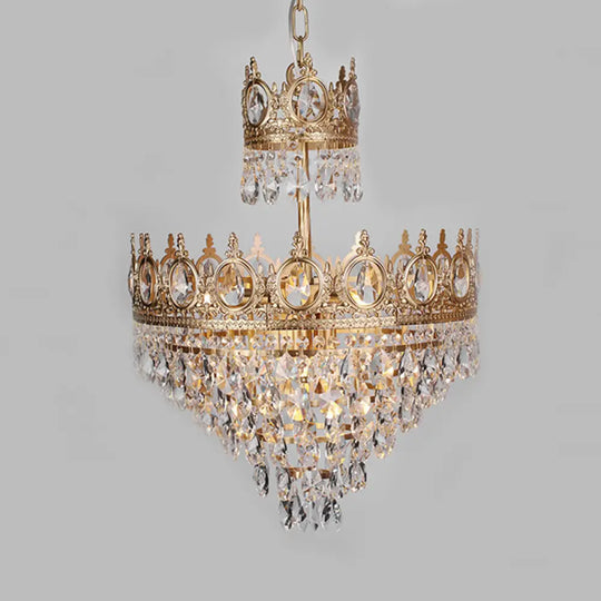 Antique Gold Crown Ceiling Pendant With Crystal Drops For Single Bedroom / 18