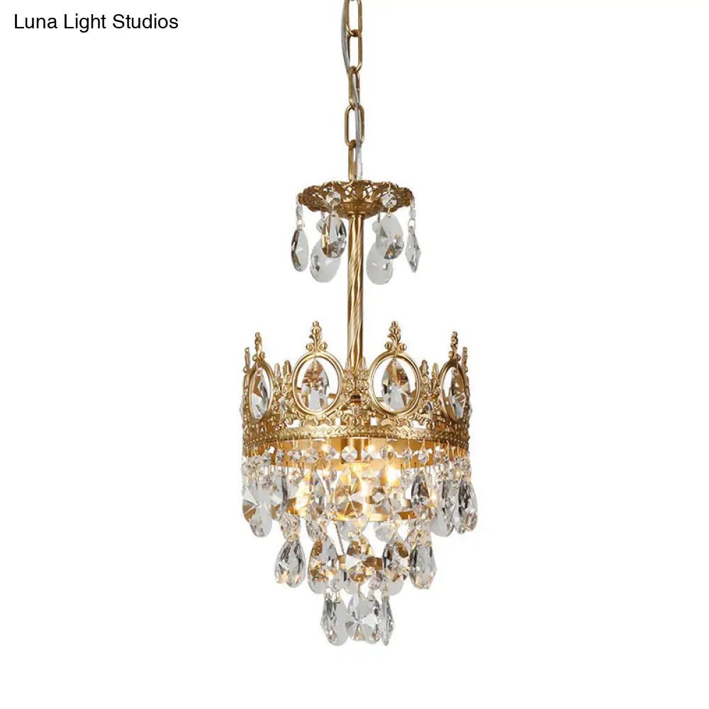 Antique Gold Crown Ceiling Pendant With Crystal Drops For Single Bedroom