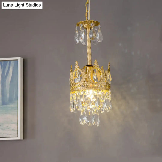 Antique Gold Crown Ceiling Pendant With Crystal Drops For Single Bedroom