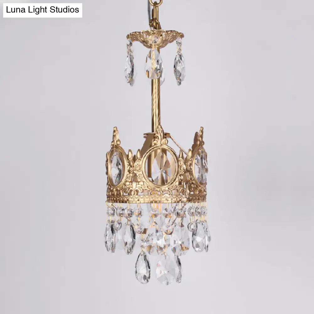 Antique Gold Crown Ceiling Pendant With Crystal Drops For Single Bedroom