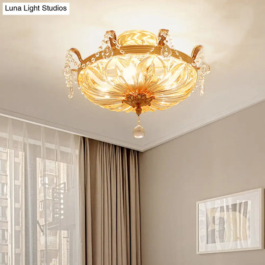 Antique Gold Crystal Flush Mount Ceiling Light With Elegant Draping