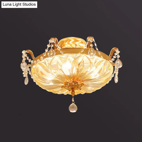 Antique Gold Crystal Flush Mount Ceiling Light With Elegant Draping