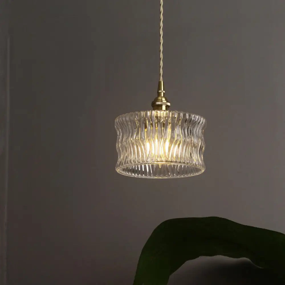 Antique Gold Cylindrical Ribbed Glass Pendant Lamp - Clear Single Ceiling Light For Sitting Room