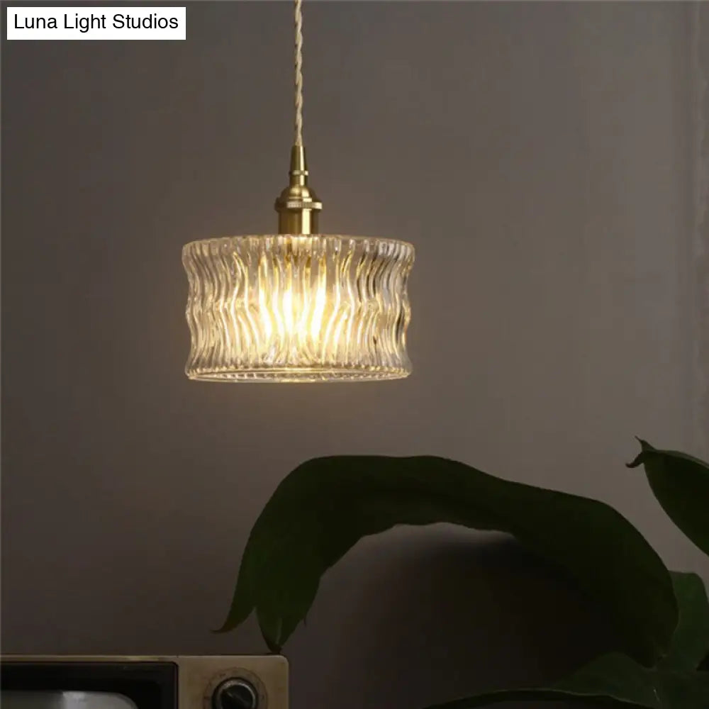 Antique Gold Cylindrical Ribbed Glass Pendant Lamp - Clear Single Ceiling Light For Sitting Room