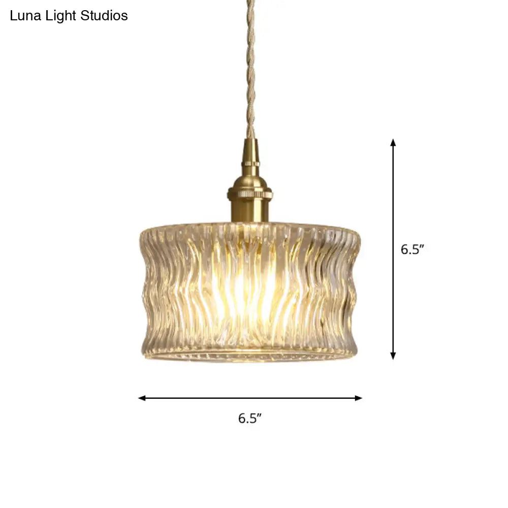 Antique Gold Cylindrical Ribbed Glass Pendant Lamp - Clear Single Ceiling Light For Sitting Room