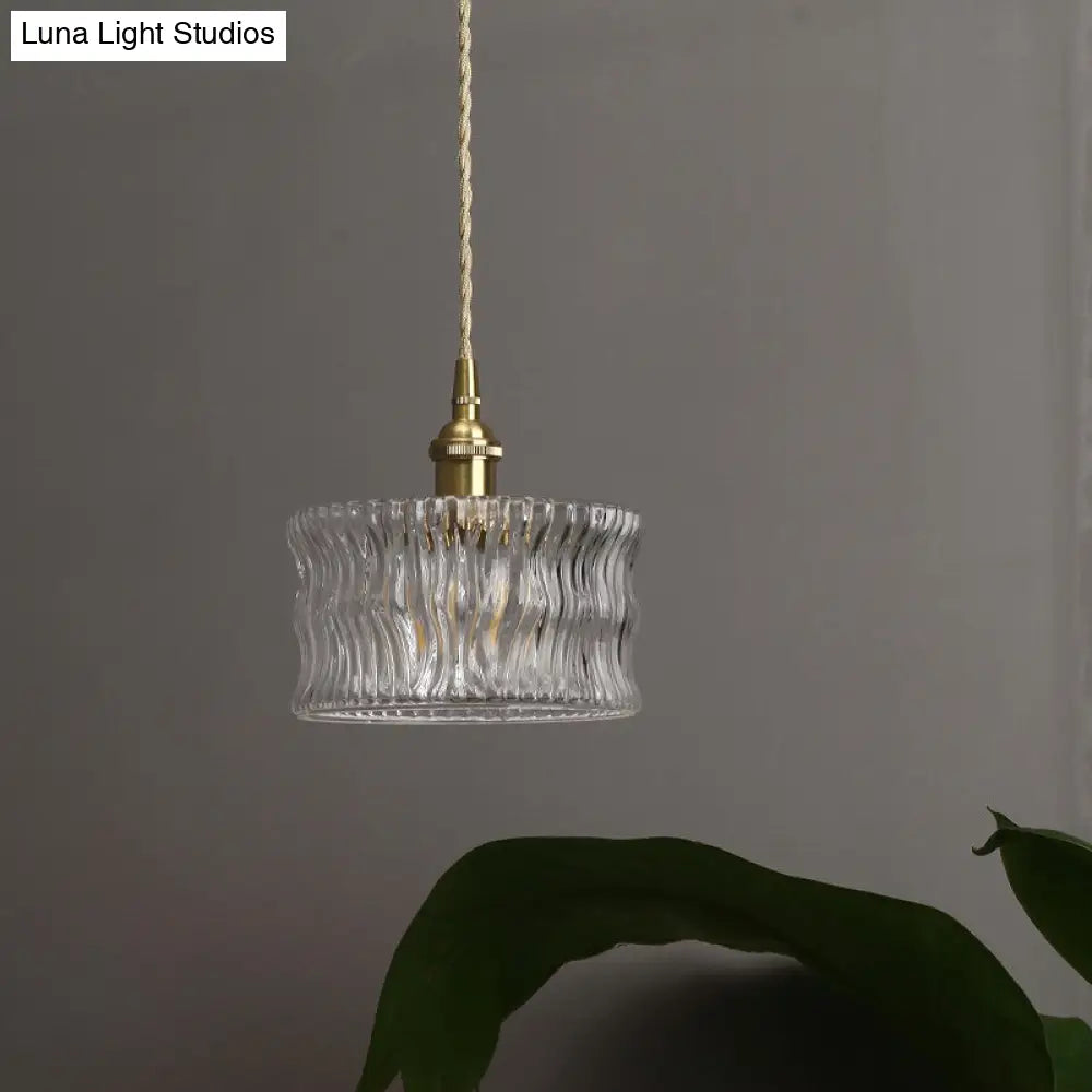 Antique Gold Cylindrical Ribbed Glass Pendant Lamp - Clear Single Ceiling Light For Sitting Room