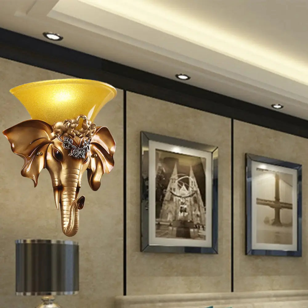 Antique Gold Elephant Sconce With Flared Glass Shade - Wall Mount Living Room Light