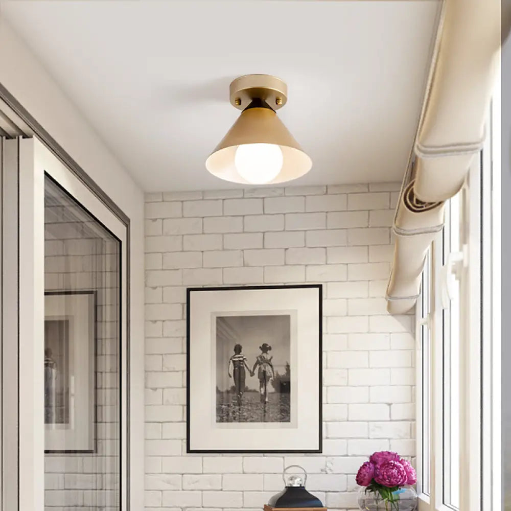 Antique Gold Flush Light With Cone Metal Shade For Corridors