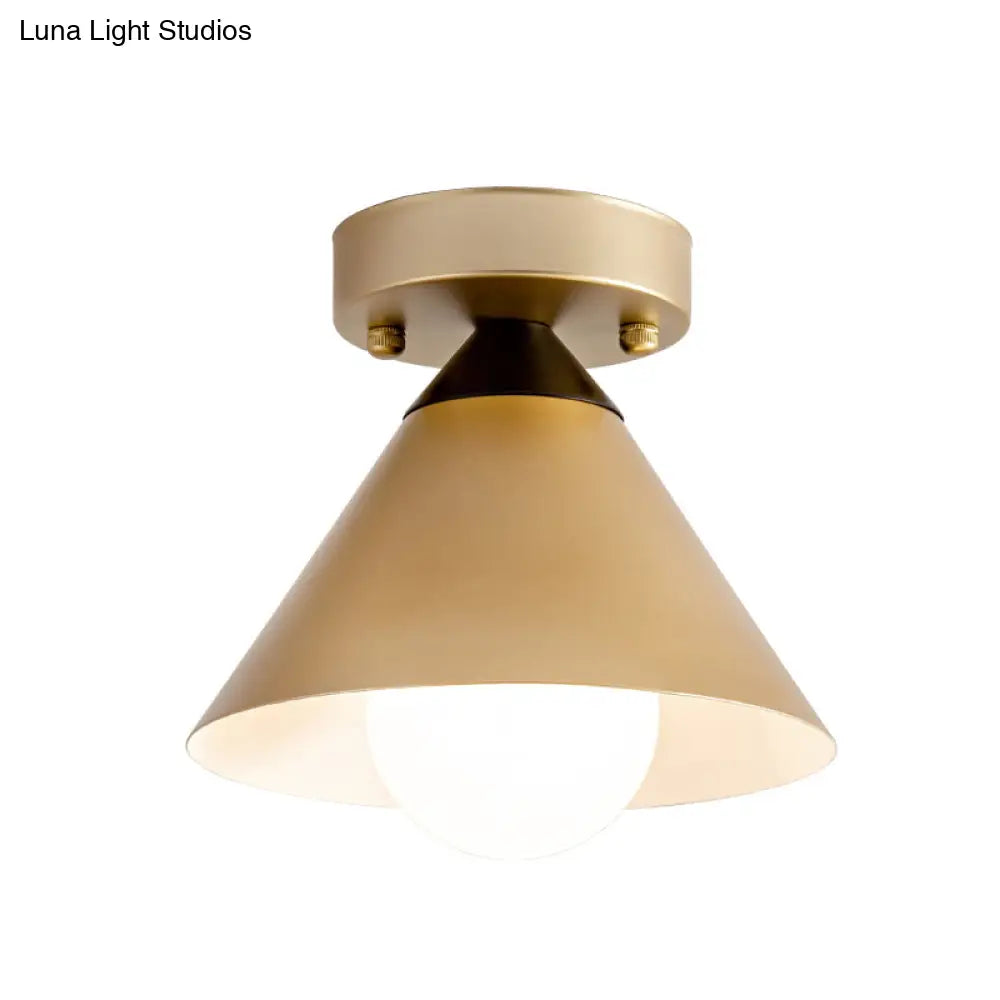Antique Gold Flush Light With Cone Metal Shade For Corridors