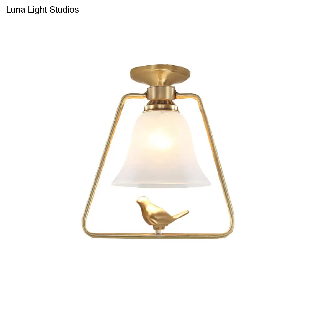 Antique Gold Frosted Glass Ceiling Light: Bell-Shaped Vintage Semi Flush With Cage & Bird Design