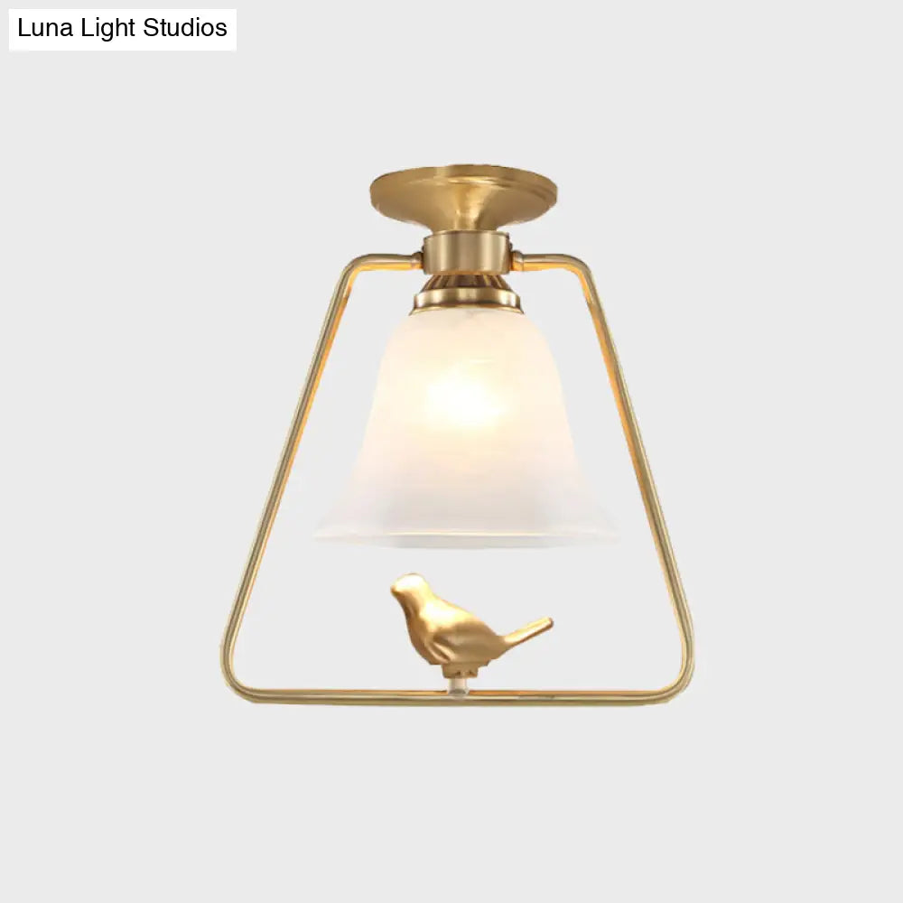 Antique Gold Frosted Glass Ceiling Light: Bell-Shaped Vintage Semi Flush With Cage & Bird Design