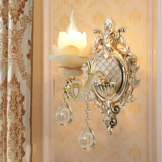 Antique Gold Jade Floral Wall Light With Crystal Accent - Elegant Living Room Lighting Fixture 1 / C